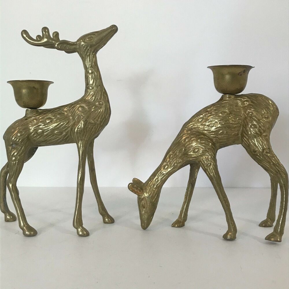 Pair of Solid Brass Candle Holders Standing Deer 5-7/8" Feeding Deer 4-3/4" Tall